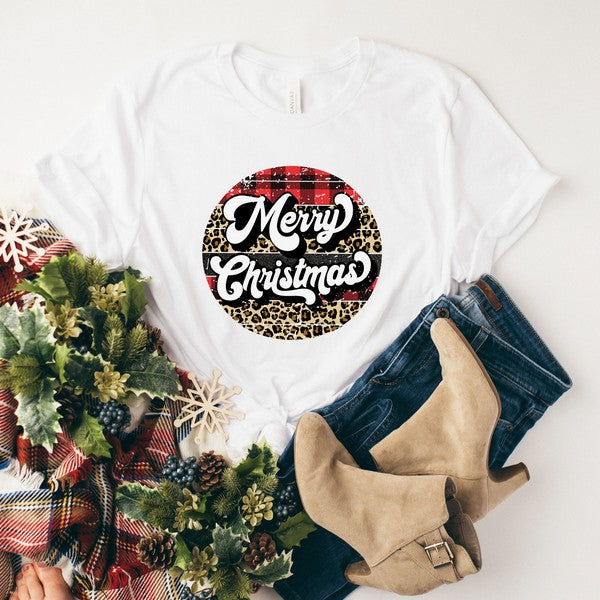 Women's Christmas Leopard Plaid Tree T-Shirt - Festive Holiday Short Sleeve Tee With Merry Christmas Print - View #11